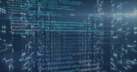 Floating code snippets glowing over virtual grid, receding with translucent columns and neon glow