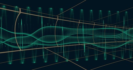 Weaving turquoise dotted waveform through 3D grid envelope space with light spikes and gold axes