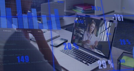 Showing man joining online meeting at office desk, listening with paperwork and analytics overlay