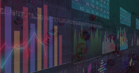 Bar chart showing line graphs, molecular models, numeric panels and network lines on virtual grid