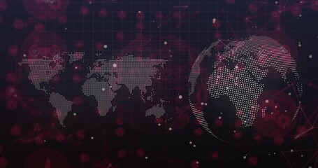 Rotating 3D globe on right-side, showing world map with grid overlay and tech icons, copy space