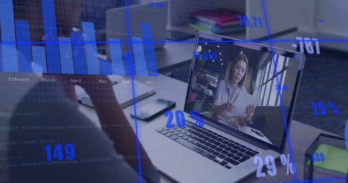 Showing man joining online meeting at office desk, listening with paperwork and analytics overlay