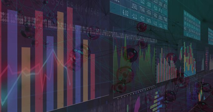 Bar chart showing line graphs, molecular models, numeric panels and network lines on virtual grid