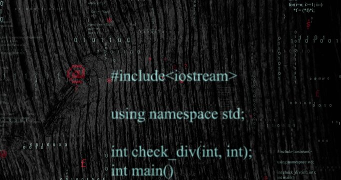 Displaying cyan C++ code snippet over wood-grain backdrop, with binary streams and red code symbols