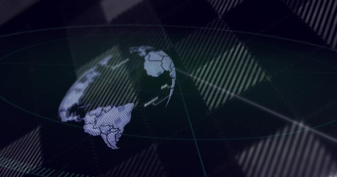 Rotating 3D globe showing continents floating in virtual interface, with grid rings and overlays