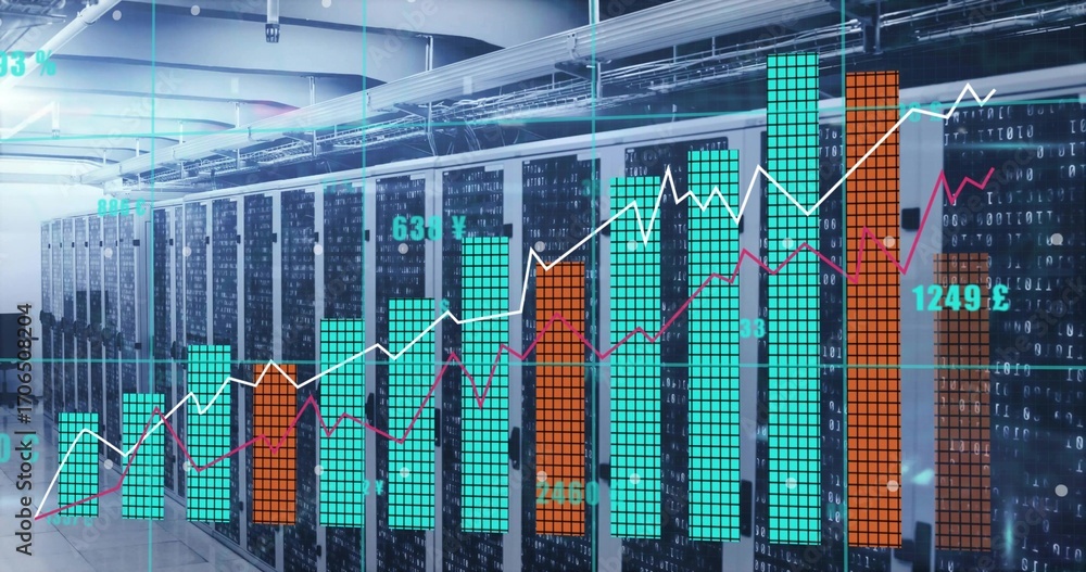 Poster displaying digital financial bar chart overlay in cooled data center corridor, showing server racks