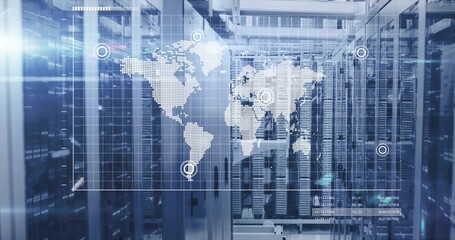 Highlighting server racks with LED lights and cables in data center room, with map overlay