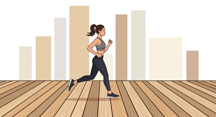 Energetic Female Runner Embracing Morning Exercise on Wood Floor, Digital Illustration