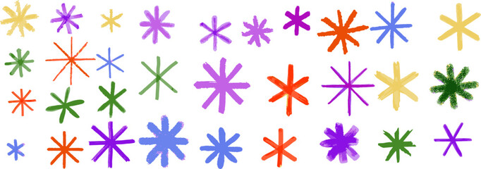 Vibrant and diverse hand-drawn abstract star shapes for graphic design, digital art, greeting cards, and creative backgrounds, offering a playful and artistic aesthetic for various projects