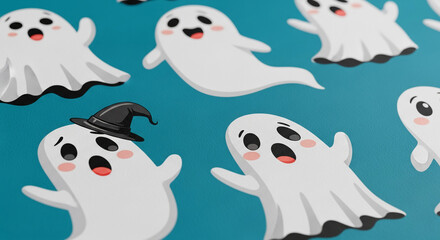 Obraz premium Cute cartoon ghosts on teal background, one wearing a witch hat, playful Halloween design ideal for seasonal decorations, cards, or patterns