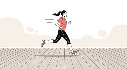 Energetic Female Runner Sprinting Across Wooden Surface Emphasizing Fitness And Motion