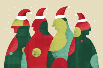 Colorful holiday figures wearing Santa hats celebrating together