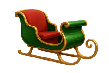 Green and red christmas sleigh with golden details on transparent background