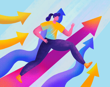 Runner among vibrant upward arrows in abstract design