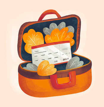Travel bag full of autumn leaves and a ticket