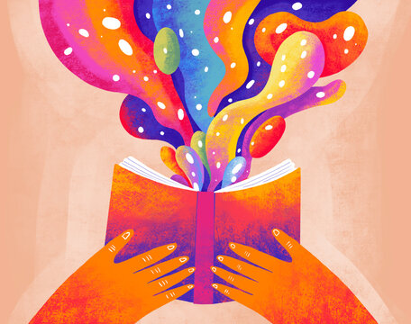 Vibrant imagination flows from an open book in creative artwork