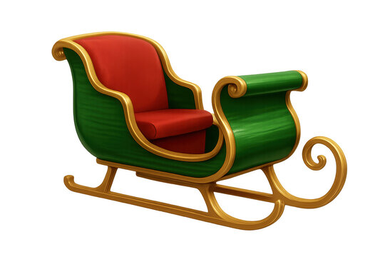 Green and red christmas sleigh with golden details on transparent background