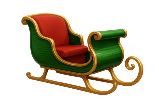 Green and red christmas sleigh with golden details on transparent background