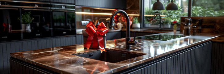 Luxury kitchen interior with gift box on modern sink