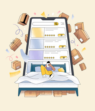 Man Shopping in Bed on Smartphone with Floating Delivery Boxes