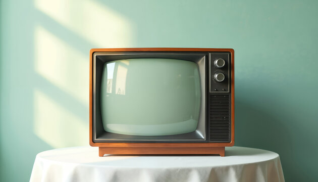 Vintage television set with wooden casing sits on draped table against teal wall. Soft light casts shadows on wall, retro electronic device, blank screen. Minimalist still life composition evokes