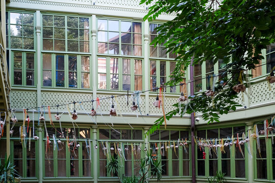 Courtyard with Flags and Glass Building
