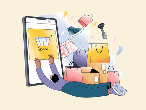 Person Pulled Toward Smartphone with Shopping Items Flying Around