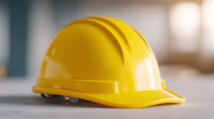 Yellow construction safety helmet placed on a table with blurred office background. Bright empty space on the right side makes it ideal for design use and copy space in mockup.