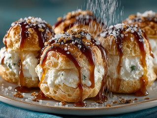 profiteroles drizzled with caramel