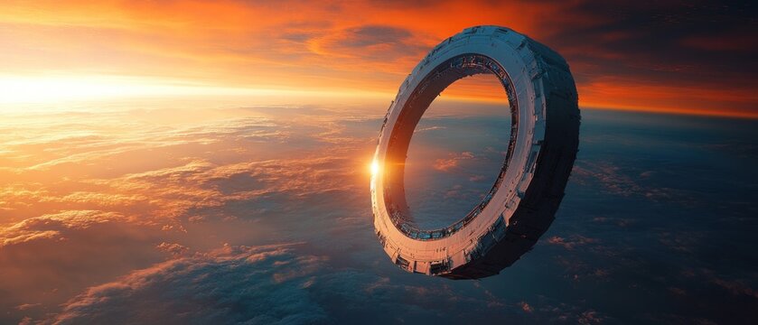 Futuristic ring spacecraft orbiting planet during sunset science fiction space exploration technology cosmic fantasy