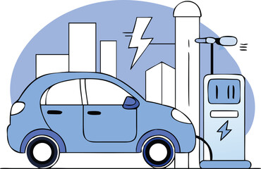 Flat Isometric Electric Car Charging at Station Illustration