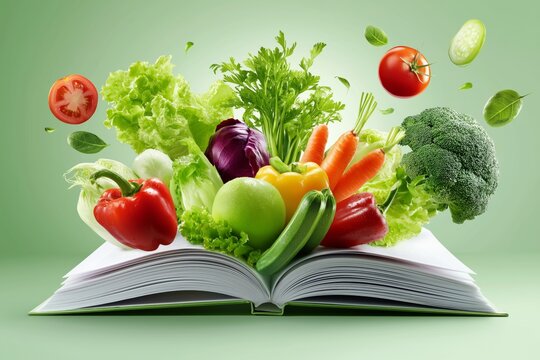 Open cookbook with flying vegetables representing healthy food nutrition cooking inspiration organic produce and creative diet lifestyle, Generative AI