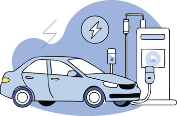 Flat Isometric Electric Car Charging at Station Illustration