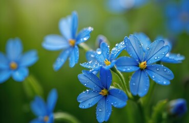 Vibrant blue flax flowers with dewdrops after rain. Delicate petals, yellow centers show intricate detail against blurred green foliage background. Macro shot captures fresh, cheerful blooming nature.
