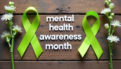 Lime green ribbons symbolize Mental Health Awareness Month. Text reads mental health awareness month. White flowers adorn wooden background. Support, hope, and education for mental well-being.