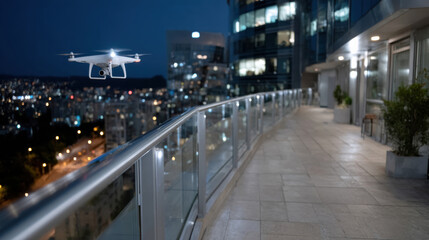 A drone is captured soaring above a modern city at night, illuminated by numerous lights, showcasing an impressive urban landscape with high-rise buildings and vibrant streets.