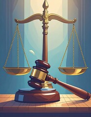 Justice scales and gavel on wooden table
