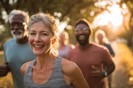 Smiling mature adults jogging together in a sunlit park at golden hour, a diverse group of seniors enjoying outdoor fitness, health, and friendship