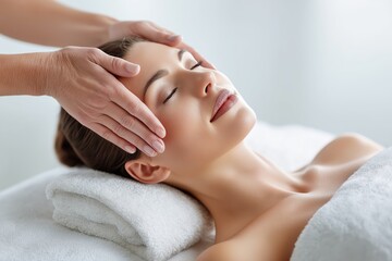 Young woman receiving face massage in spa wellness environment symbolizing beauty therapy relaxation stress relief and professional skincare treatment, Generative AI