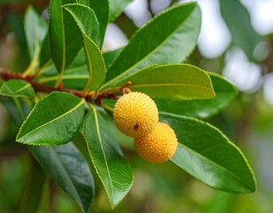 Close-up of yellow fruit on branch with leaves