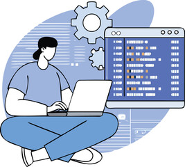 Flat Isometric Programmer Coding on Laptop with Binary Background Illustration