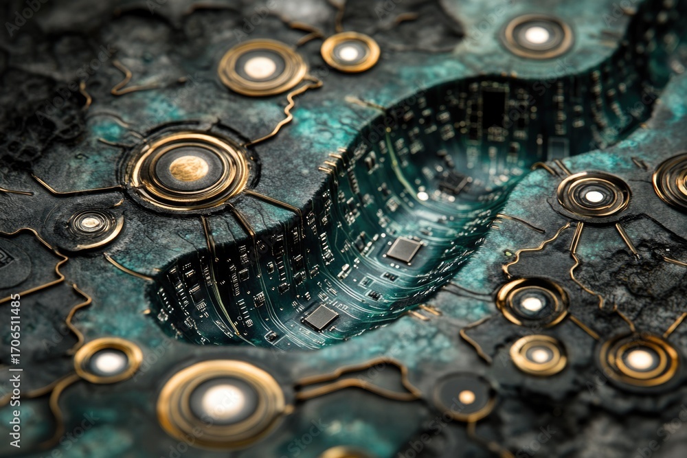Poster a mesmerizing digital art depicting a circuit board embedded within a dark, textured surface, accent