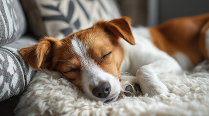Obraz premium Sleeping Jack Russell terrier on cozy blanket