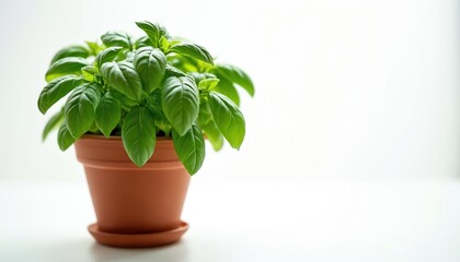Obraz premium Small potted basil plant displays vibrant green leaves. Fresh herb grows in terracotta pot, ideal for culinary use home gardening. Organic ingredient for cooking, food preparation, healthy lifestyle.