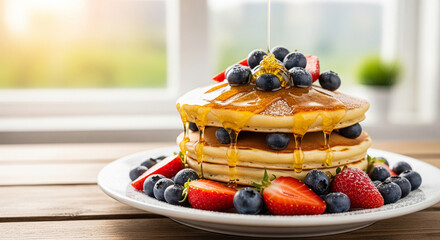 Ai generated image of stack of delicious pancakes with fresh blueberries and strawberries on a plate