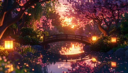 Naklejka premium Ilustración anime de jardín japonés al atardecer con puente de madera sobre estanque reflejante, faroles encendidos y cerezos en flor creando una atmósfera mágica y romántica