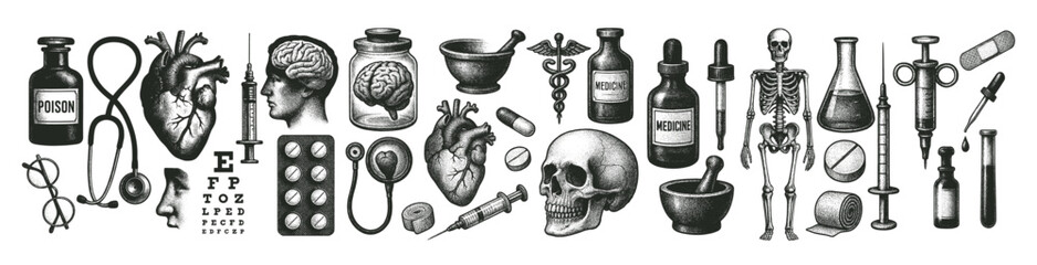 Engraved Vintage Vector Banner of Medical and Pharmacy Symbols – Human Heart, Skull, Anatomy, Bottles, Skeleton and Doctor Tools Illustration