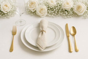 An elegant, modern table setting for a special occasion with a simple white plate, cutlery and decorative rose flowers
