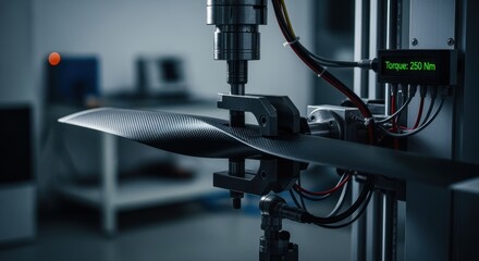 Fatiguetesting apparatus with carboncomposite blade undergoing dynamic torsional stress evaluation for rotor performance.