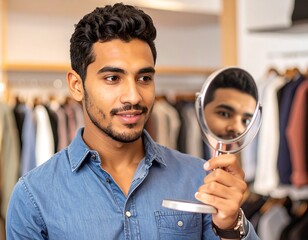 A man looks at himself in a handheld mirror in a clothing store